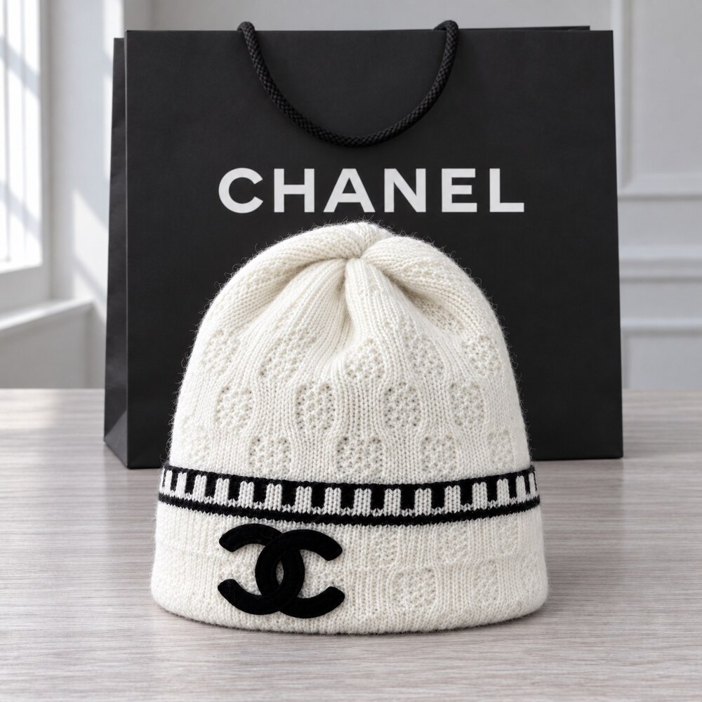 CHANEL White Knit Beanie Black Trim - Picture 1 of 6